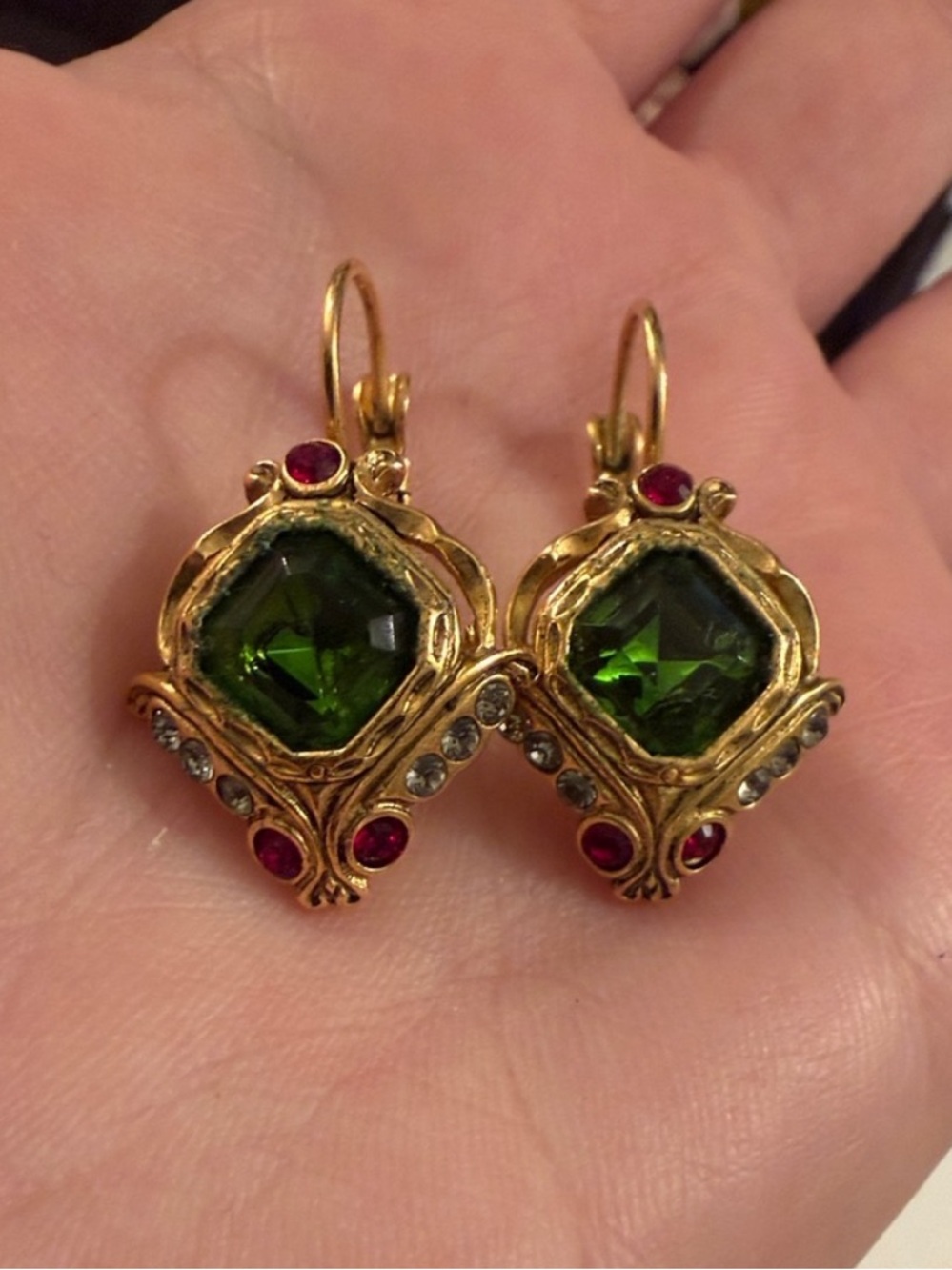 Vintage Joan Rivers Jeweled Bug Insect Leverback Earrings Gold Tone Green Red